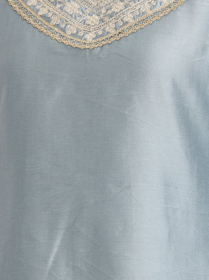 Janasya Women's Ice Blue Chanderi Yoke Embroidered Straight Kurta