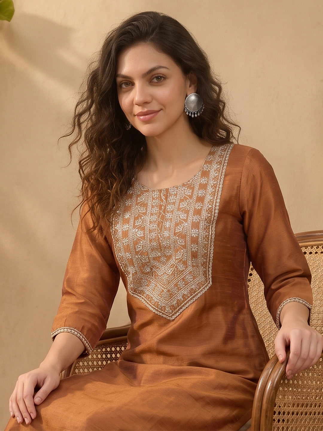 Janasya Women's Mustard Silk Blend Yoke Embroidered Straight Kurta