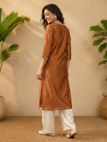 Janasya Women's Mustard Silk Blend Yoke Embroidered Straight Kurta