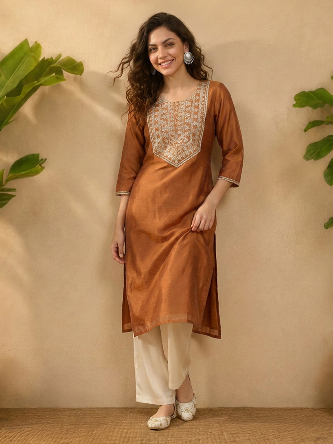 Janasya Women's Mustard Silk Blend Yoke Embroidered Straight Kurta