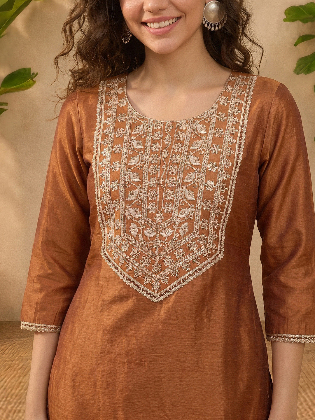 Janasya Women's Mustard Silk Blend Yoke Embroidered Straight Kurta