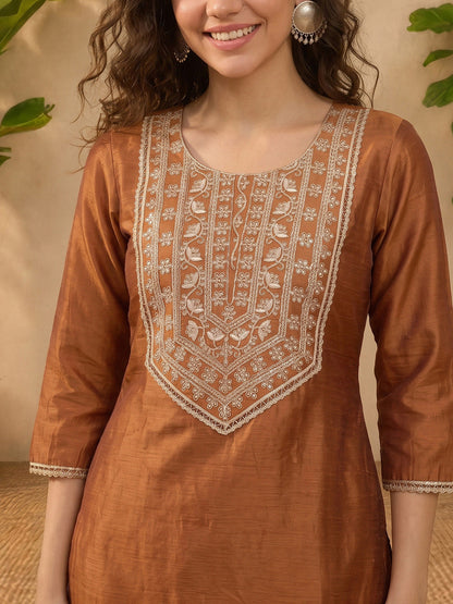 Janasya Women's Mustard Silk Blend Yoke Embroidered Straight Kurta
