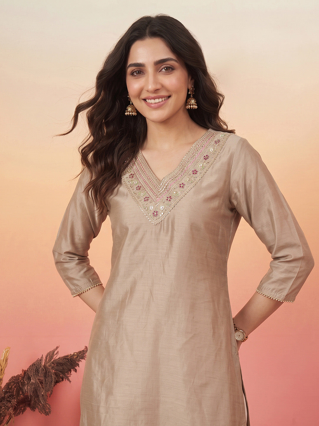 Janasya Women's Beige Chanderi Silk Yoke Embroidered Straight Kurta