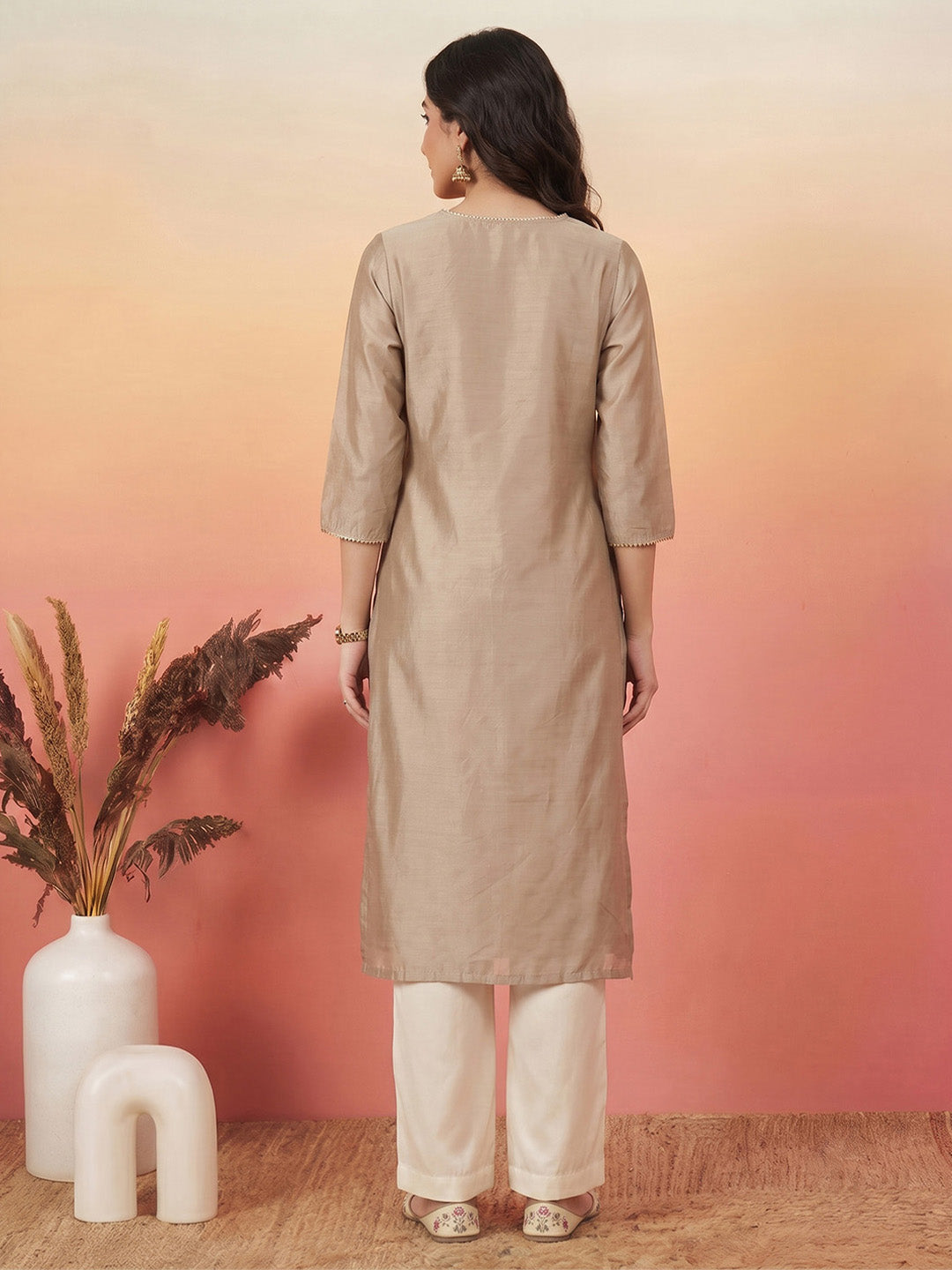 Janasya Women's Beige Chanderi Silk Yoke Embroidered Straight Kurta