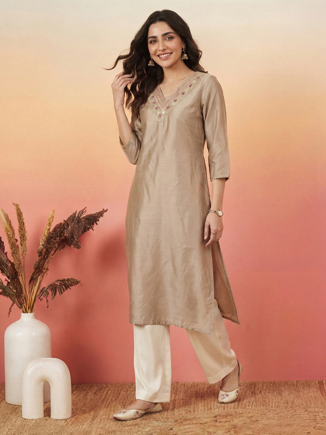 Janasya Women's Beige Chanderi Silk Yoke Embroidered Straight Kurta