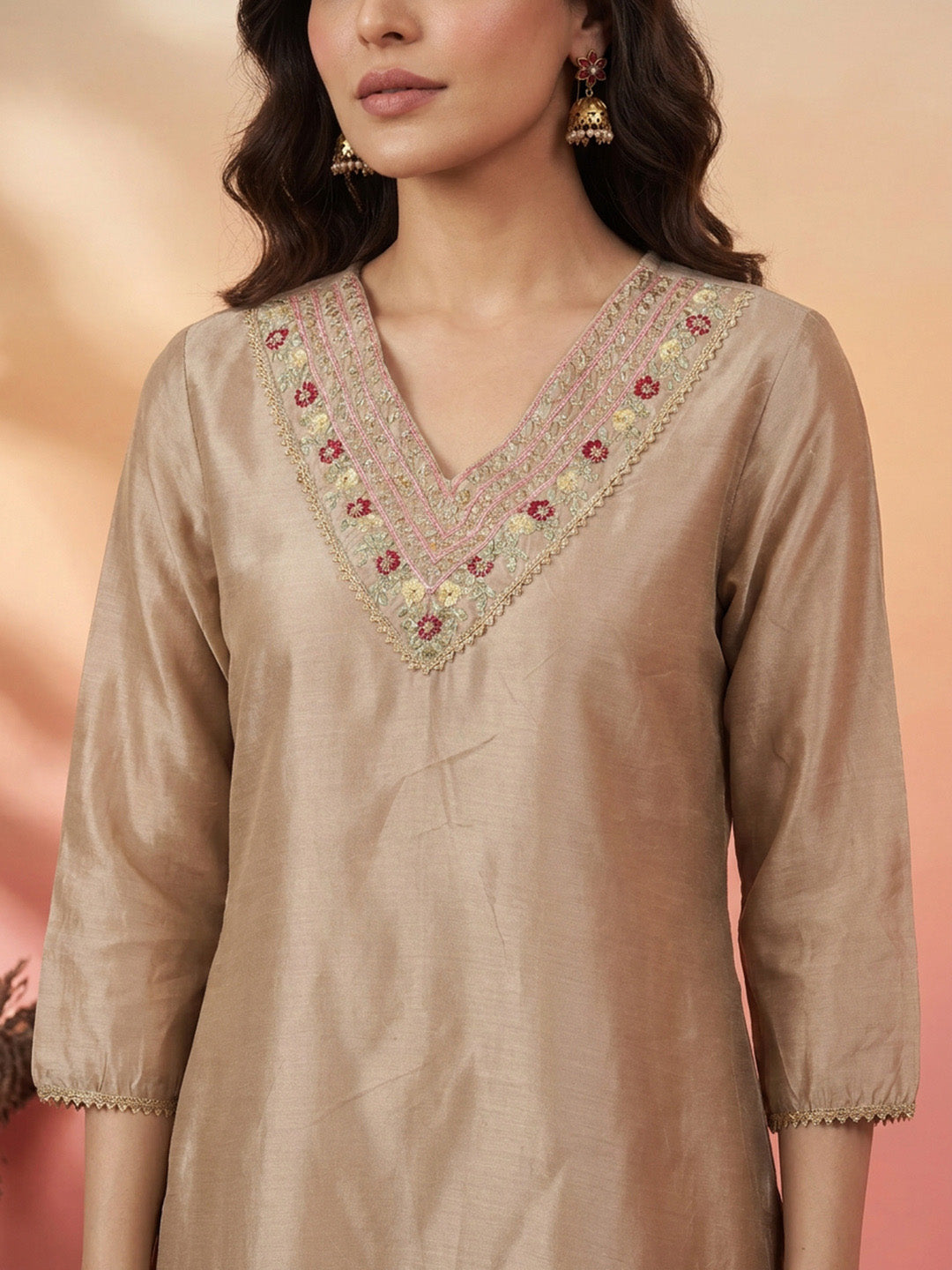 Janasya Women's Beige Chanderi Silk Yoke Embroidered Straight Kurta