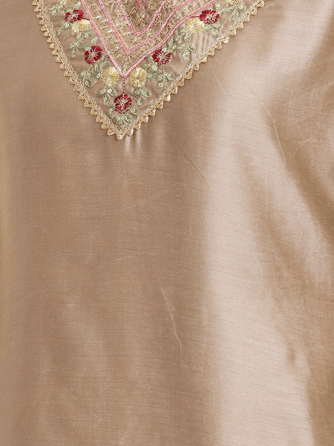 Janasya Women's Beige Chanderi Silk Yoke Embroidered Straight Kurta