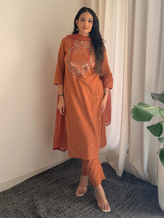 Janasya Women's Rust Linen Cotton Embroidered Straight Kurta Set
