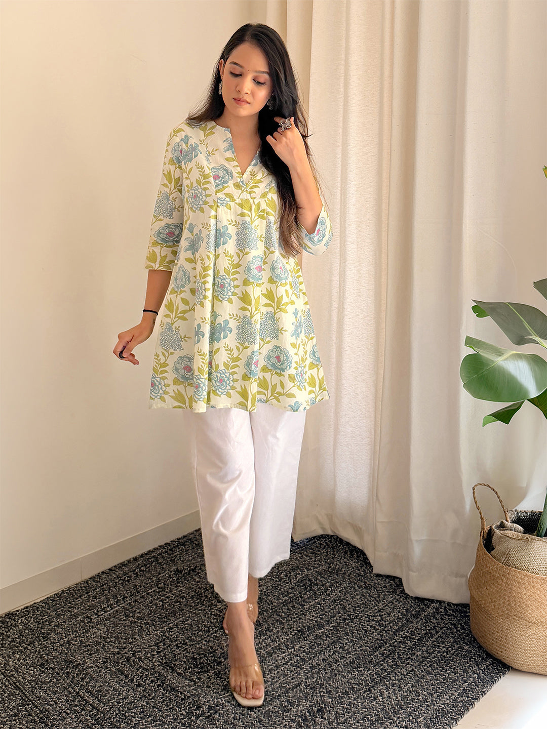 Off White Cotton Floral Tunic