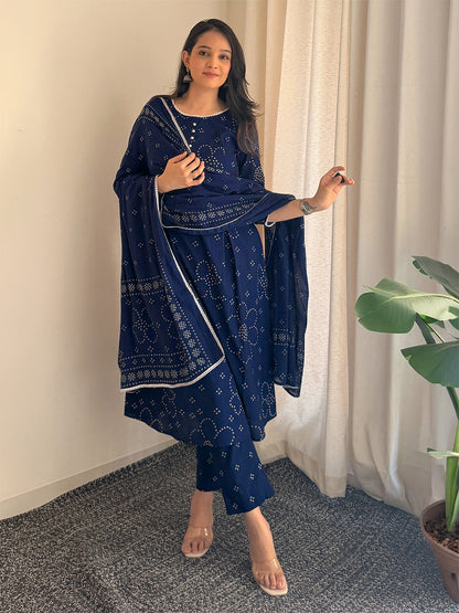 Janasya Women's Blue Pure Cotton Bandhani Printed A-line Kurta Set