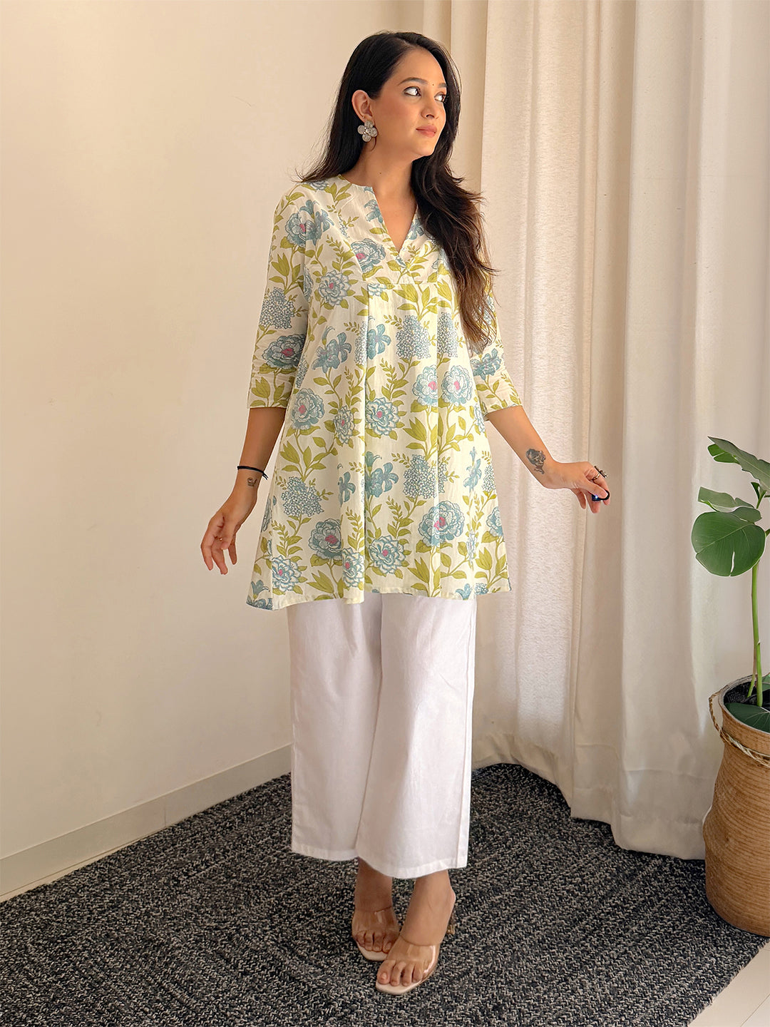 Off White Cotton Floral Tunic