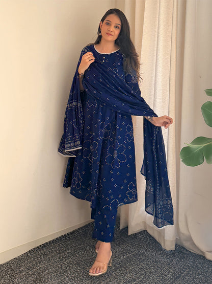 Janasya Women's Blue Pure Cotton Bandhani Printed A-line Kurta Set