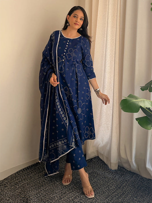 Janasya Women's Blue Pure Cotton Bandhani Printed A-line Kurta Set