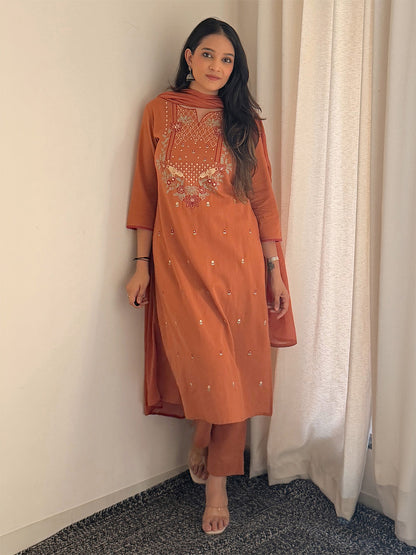 Janasya Women's Rust Linen Cotton Embroidered Straight Kurta Set