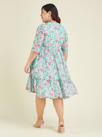 Janasya Women's Plus Size Aqua Georgette Floral Printed Fit & Flare Dress