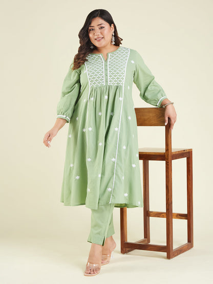 Janasya Women's Plus Size Light Green Pure Cotton Embroidered A-line Kurta Set