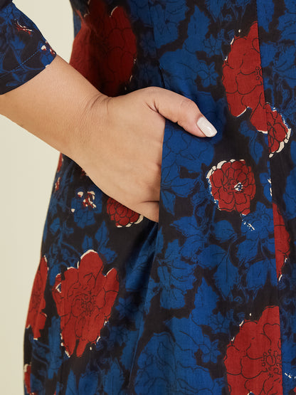 Janasya Women's Plus Size Navy Blue Pure Cotton Floral Printed A-line Kurta Pant Set