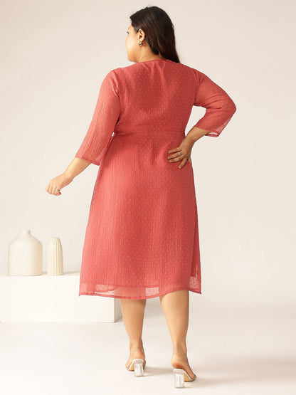 Janasya Women's Plus Size Mauve Dobby Chiffon Self Design A-line Kurta