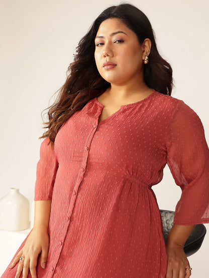 Janasya Women's Plus Size Mauve Dobby Chiffon Self Design A-line Kurta