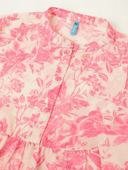 Plus Size Pink Cotton Blend Floral Printed A-line Tunic
