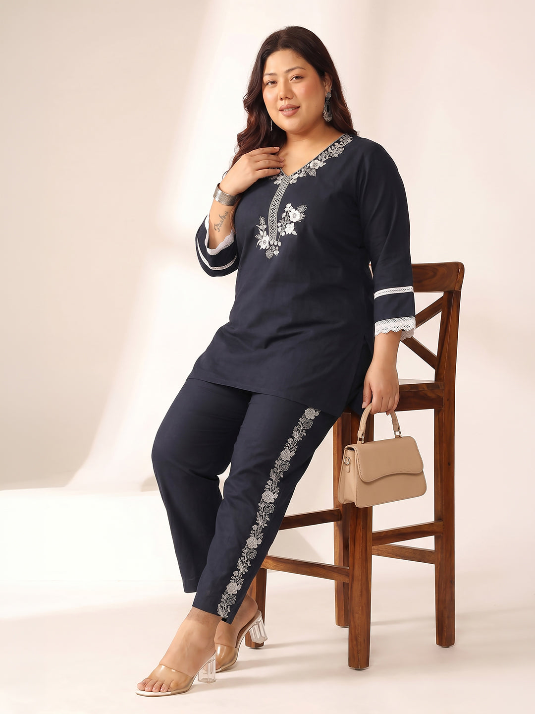 Janasya Women's Plus Size Navy Blue Pure Cotton Yoke Embroidered Straight Co-Ord Set