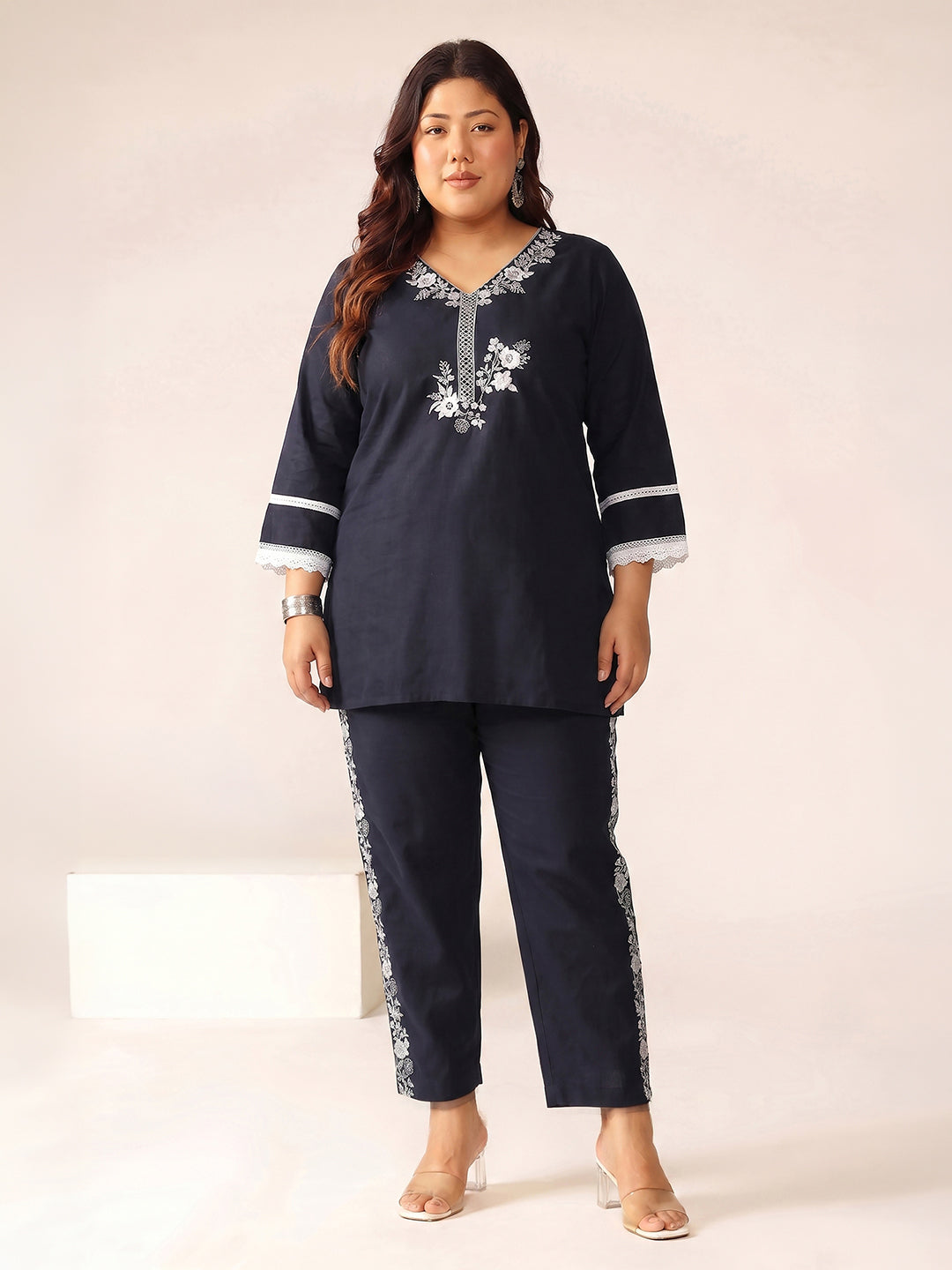 Janasya Women's Plus Size Navy Blue Pure Cotton Yoke Embroidered Straight Co-Ord Set