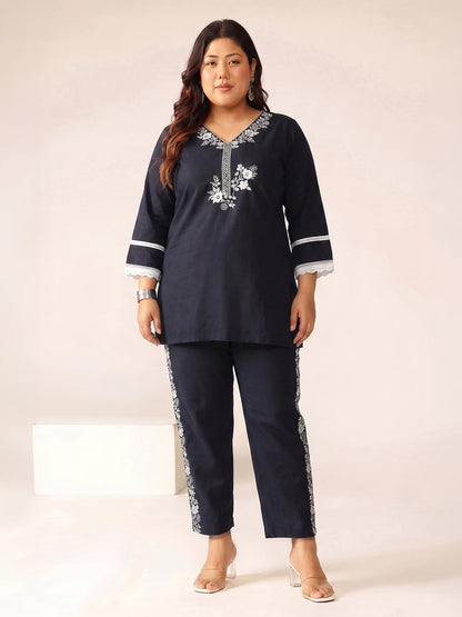 Janasya Women's Plus Size Navy Blue Pure Cotton Yoke Embroidered Straight Co-Ord Set