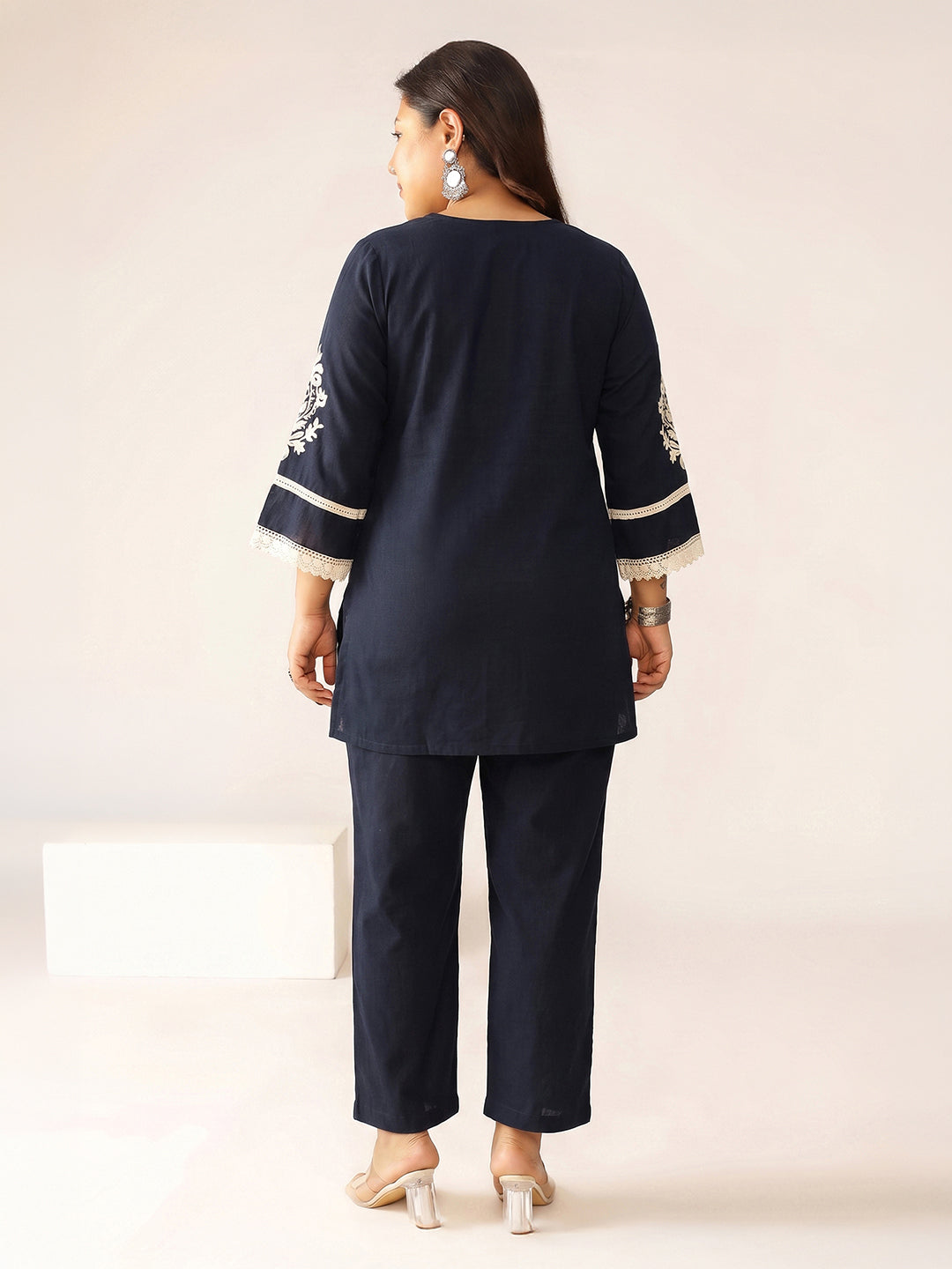 Janasya Women's Plus Size Navy Blue Pure Cotton Yoke Embroidered Straight Co-Ord Set