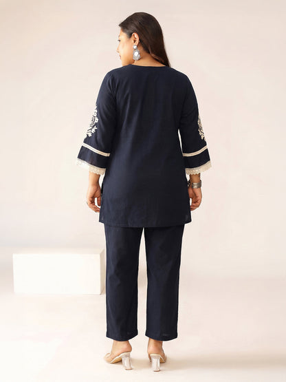 Janasya Women's Plus Size Navy Blue Pure Cotton Yoke Embroidered Straight Co-Ord Set