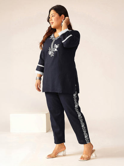 Janasya Women's Plus Size Navy Blue Pure Cotton Yoke Embroidered Straight Co-Ord Set