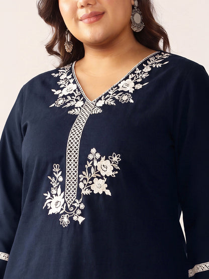 Janasya Women's Plus Size Navy Blue Pure Cotton Yoke Embroidered Straight Co-Ord Set