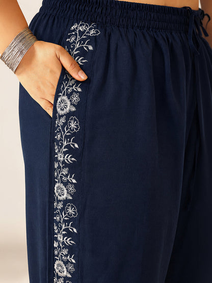Janasya Women's Plus Size Navy Blue Pure Cotton Yoke Embroidered Straight Co-Ord Set