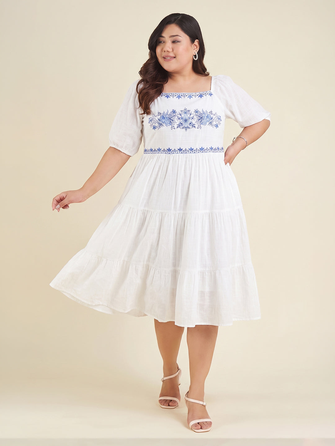 Janasya Women's Plus Size White Pure Cotton Yoke Embroidered Tiered Dress