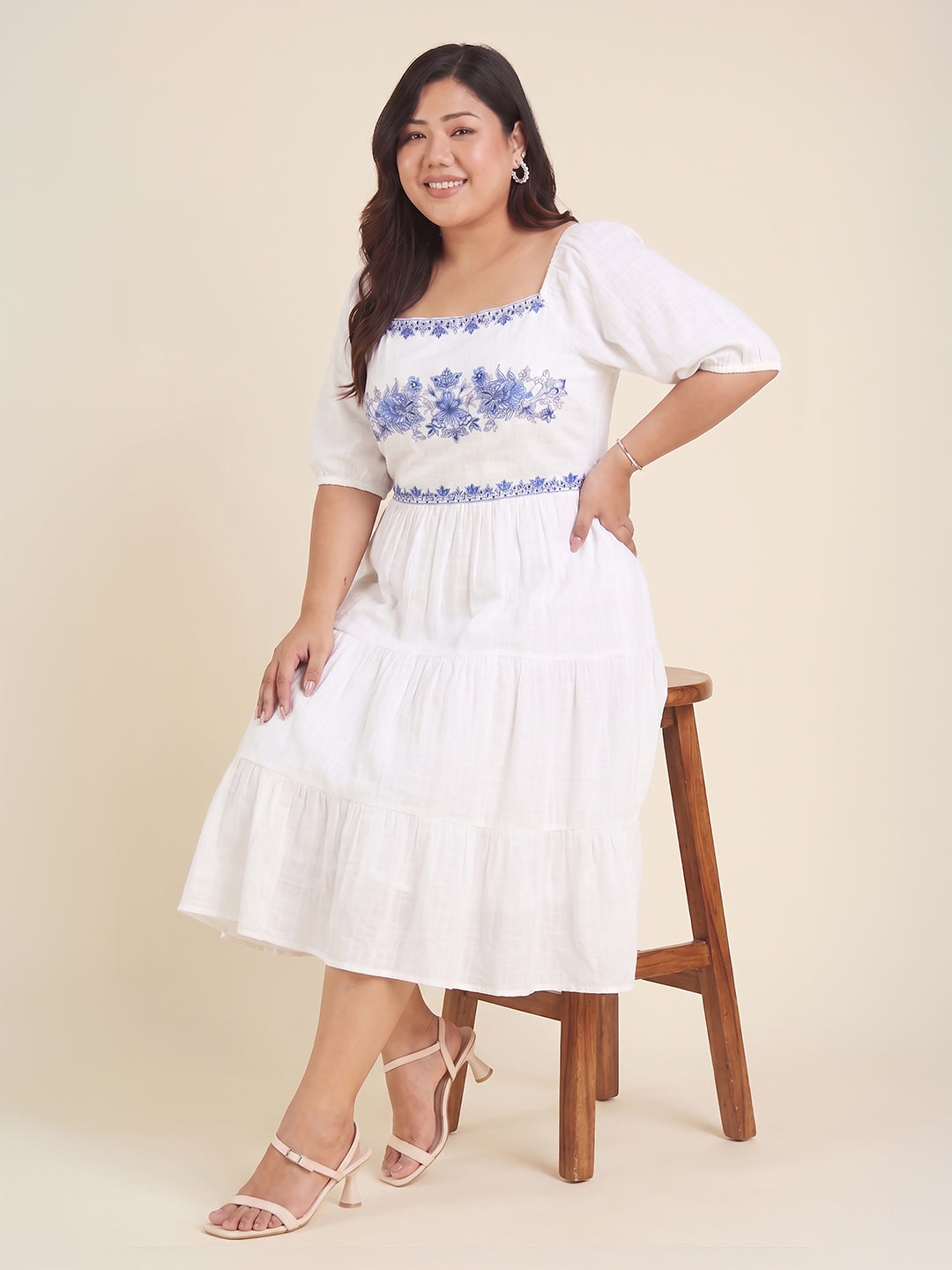 Janasya Women's Plus Size White Pure Cotton Yoke Embroidered Tiered Dress