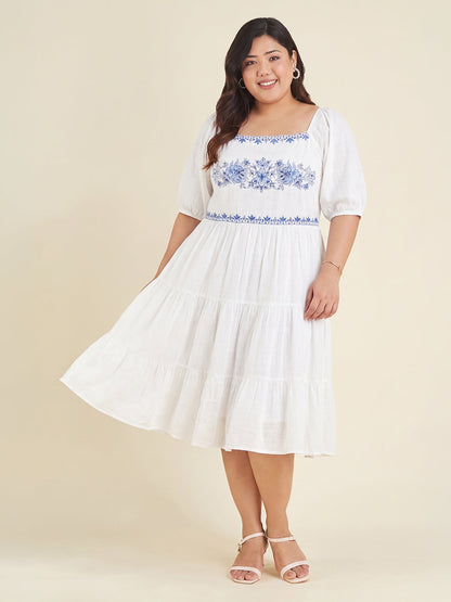Janasya Women's Plus Size White Pure Cotton Yoke Embroidered Tiered Dress
