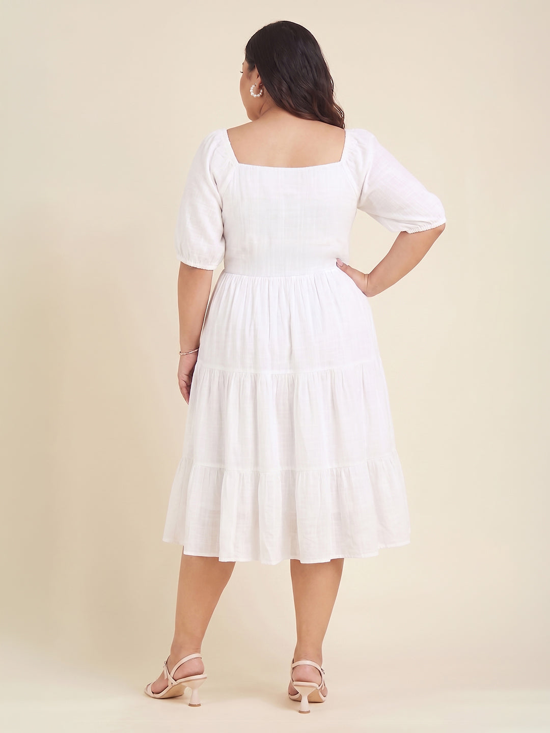 Janasya Women's Plus Size White Pure Cotton Yoke Embroidered Tiered Dress