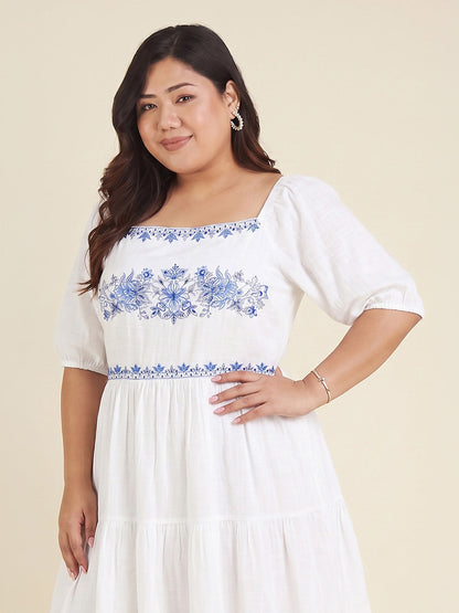 Janasya Women's Plus Size White Pure Cotton Yoke Embroidered Tiered Dress