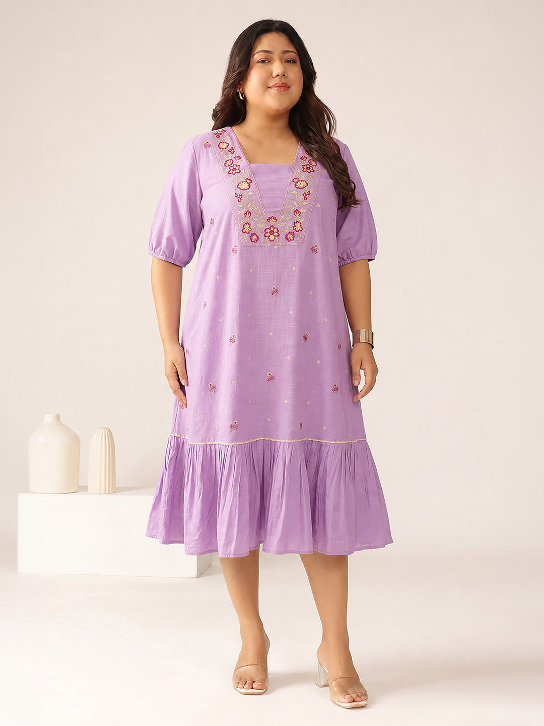 Janasya Women's Plus Size Lavender Linen Cotton Floral Embroidered A-Line Dress