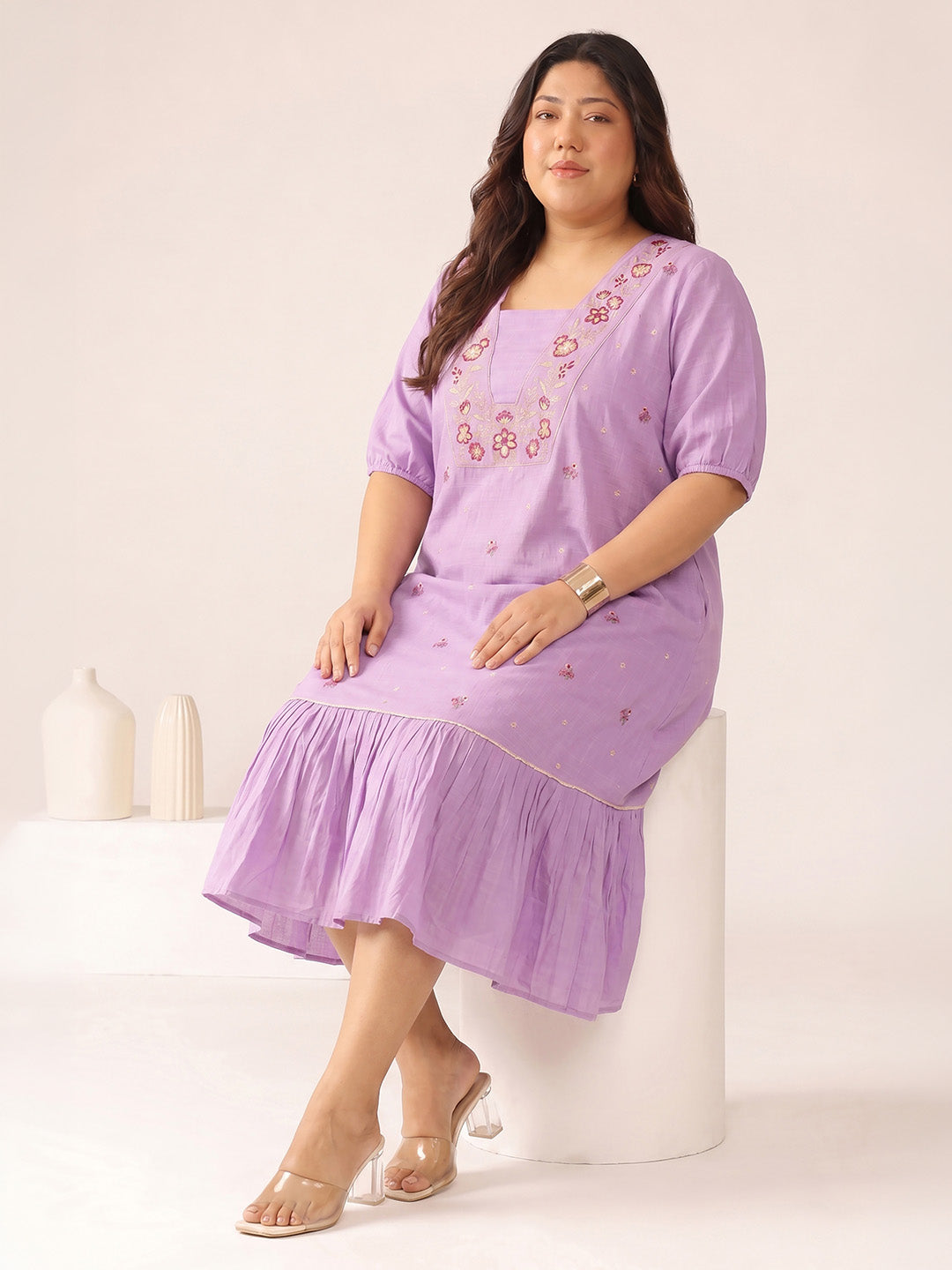 Janasya Women's Plus Size Lavender Linen Cotton Floral Embroidered A-Line Dress