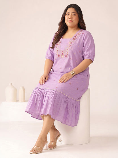 Janasya Women's Plus Size Lavender Linen Cotton Floral Embroidered A-Line Dress