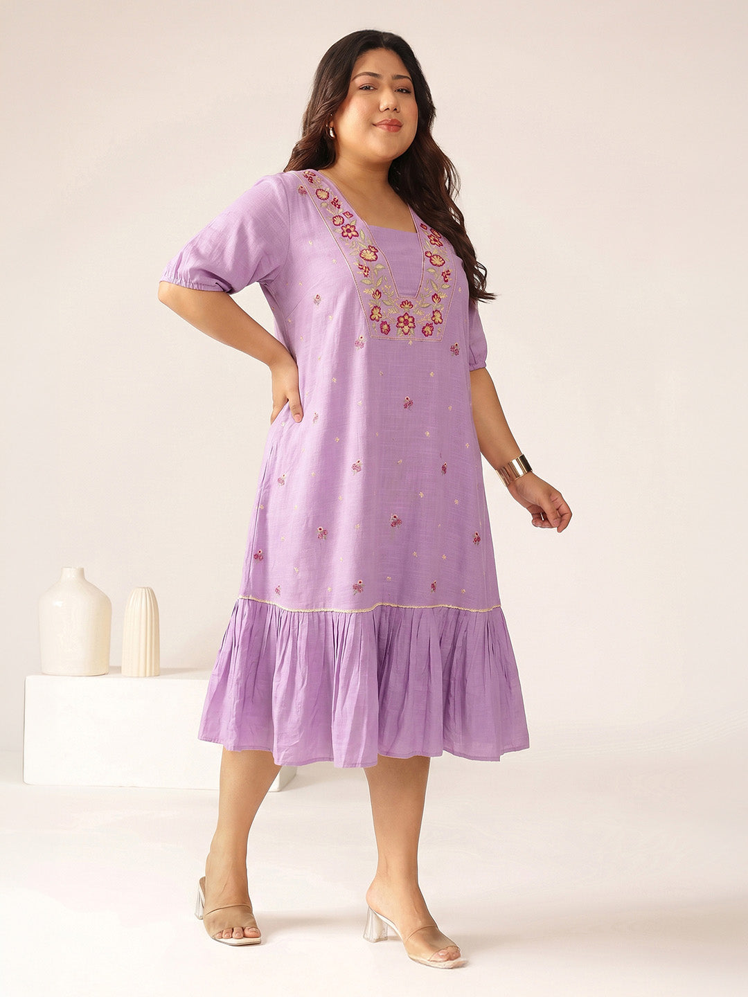 Janasya Women's Plus Size Lavender Linen Cotton Floral Embroidered A-Line Dress