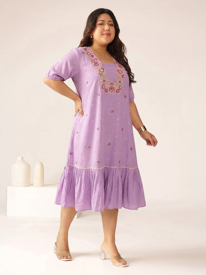 Janasya Women's Plus Size Lavender Linen Cotton Floral Embroidered A-Line Dress