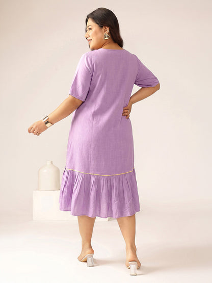Janasya Women's Plus Size Lavender Linen Cotton Floral Embroidered A-Line Dress