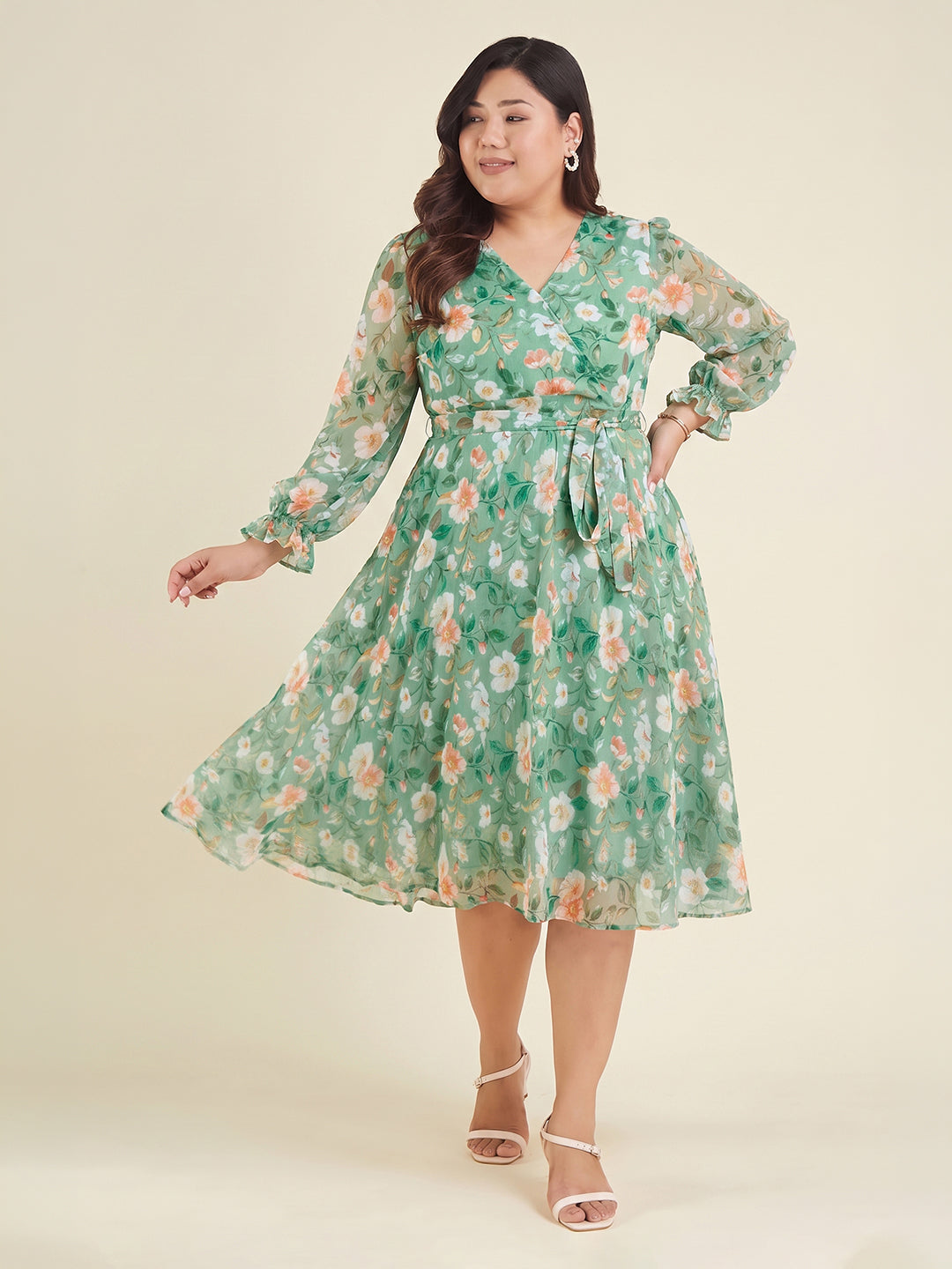 Janasya Women's Plus Size Mint Green Chiffon Floral Printed Fit & Flare Dress