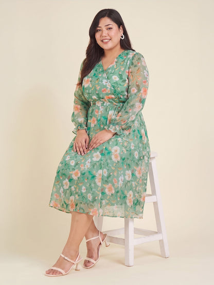 Janasya Women's Plus Size Mint Green Chiffon Floral Printed Fit & Flare Dress