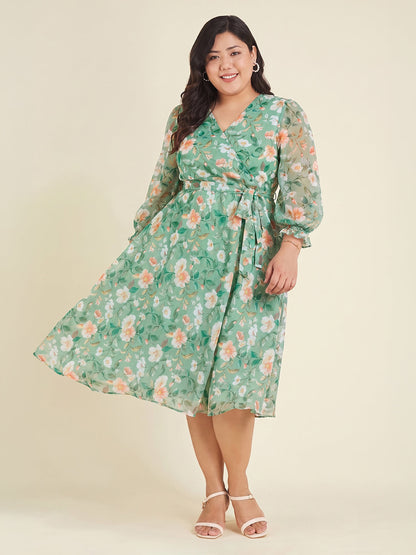 Janasya Women's Plus Size Mint Green Chiffon Floral Printed Fit & Flare Dress