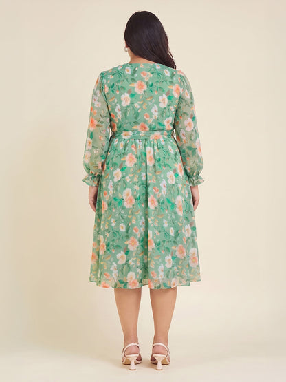 Janasya Women's Plus Size Mint Green Chiffon Floral Printed Fit & Flare Dress