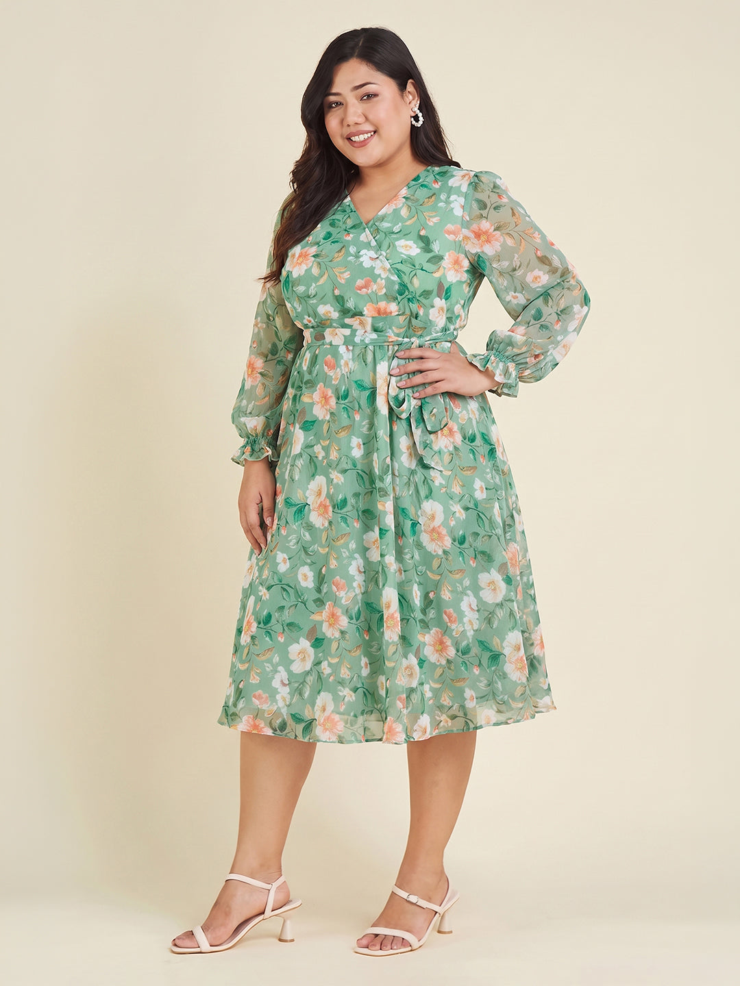 Janasya Women's Plus Size Mint Green Chiffon Floral Printed Fit & Flare Dress