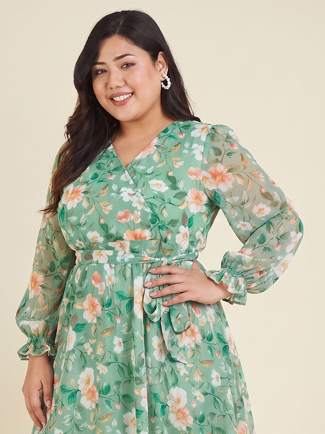 Janasya Women's Plus Size Mint Green Chiffon Floral Printed Fit & Flare Dress