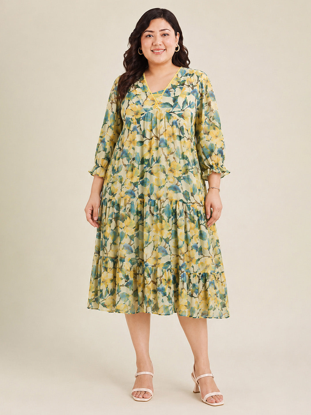 Janasya Women's Plus Size Yellow Georgette Floral Printed Tiered Dress